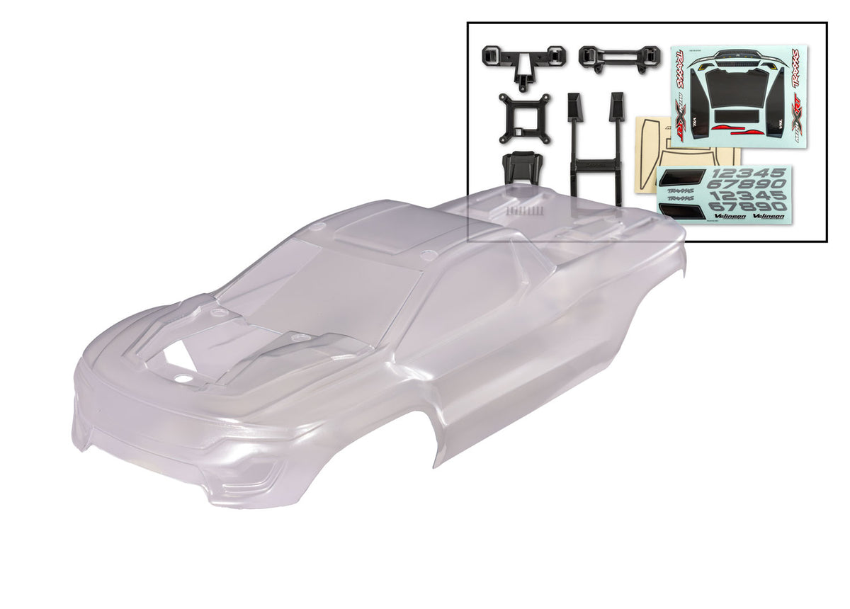 Body, Mini XRT® (clear, requires painting)/ window masks/ decal sheet (includes front & rear body latches, hardware) (for clipless mounting)