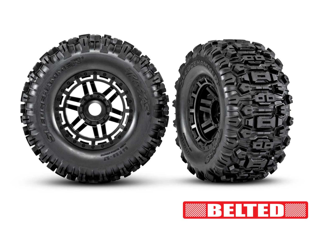Tires & wheels, assembled, glued (black wheels, belted Sledgehammer® All-Terrain tires, dual profile (2.9" outer, 3.8" inner), foam inserts) (2) (17mm splined) (TSM® rated)