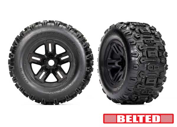 Tires & wheels, assembled, glued (3.8" black wheels, belted Sledgehammer® tires, foam inserts) (2)