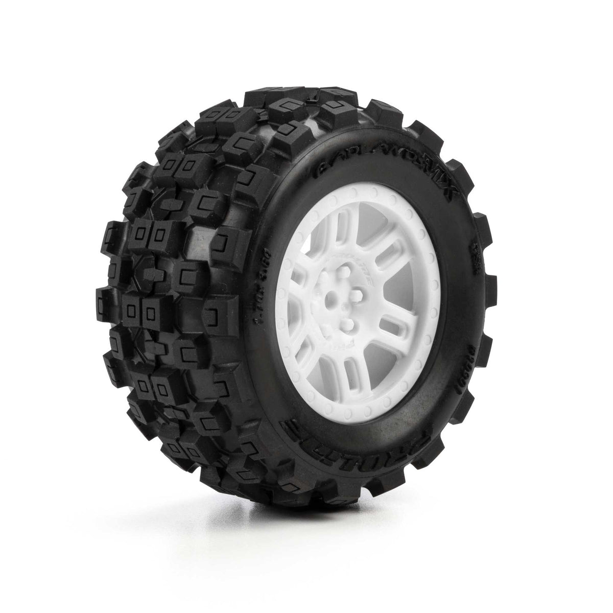 1/16 Badlands MX Front/Rear MT Tires Mounted 12mm White Split Six (2): ARRMA MINI KRATON