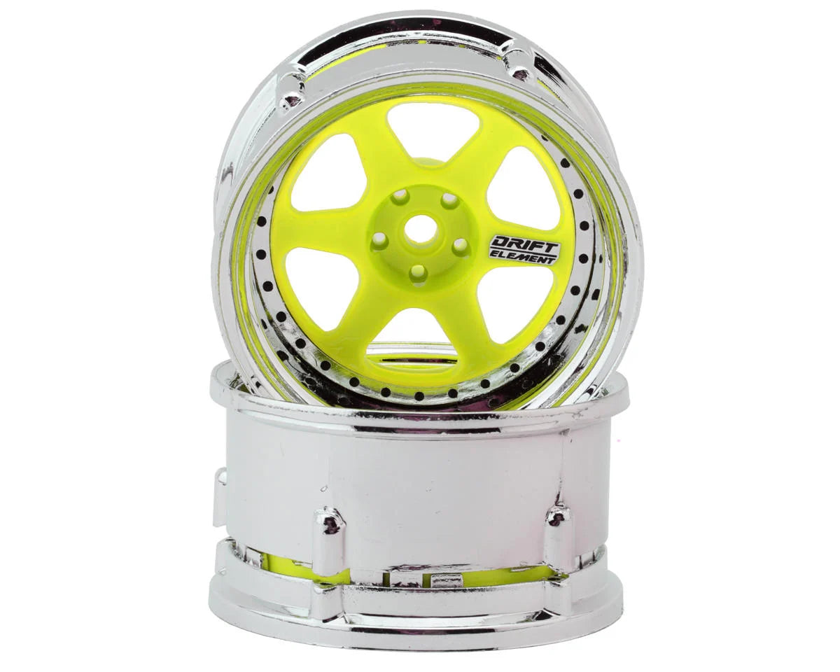 DS Racing Drift Element 6 Spokes Drift Wheel (Flu Yellow/Chrome Lip/Black Rivet) (Adjustable Offset) (2) w/12mm Hex