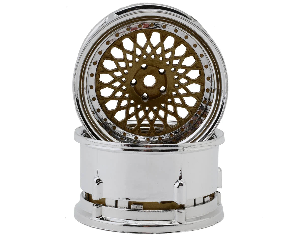 DS Racing Element Mesh 1/10 Drift Wheels (Bronze w/Chrome Lip & Gold Rivets) (2) (Adjustable Offset) w/12mm Hex