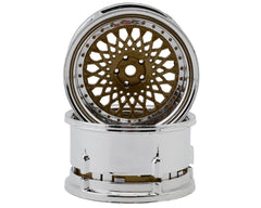 DS Racing Element Mesh 1/10 Drift Wheels (Bronze w/Chrome Lip & Gold Rivets) (2) (Adjustable Offset) w/12mm Hex