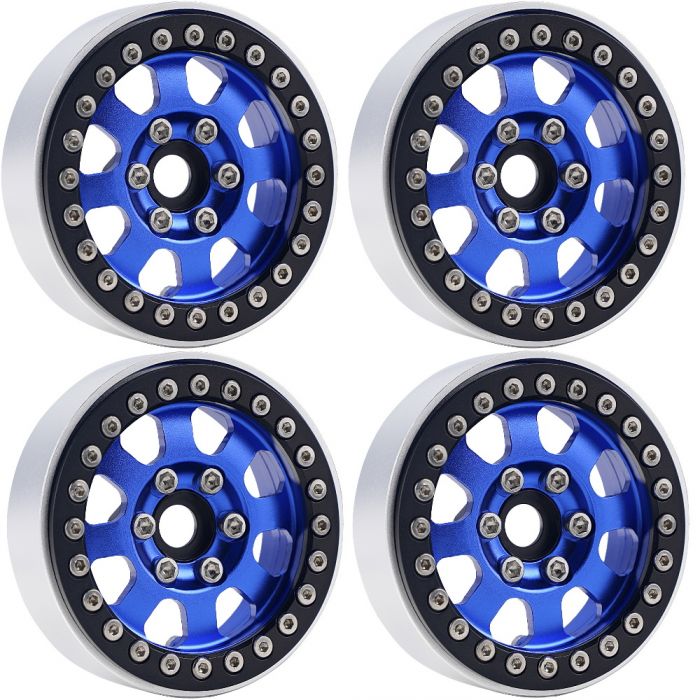 B1 Aluminum 1.9 Beadlock Wheels 9mm Hubs, Blue, for 1/10 Rock Crawler, 4pcs